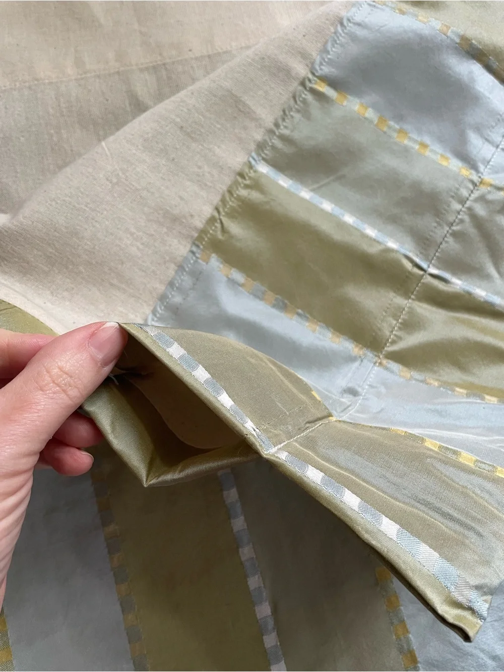 100% Silk Drape Powder Blue, Olive, Chartreuse Stripes 52”x 96”